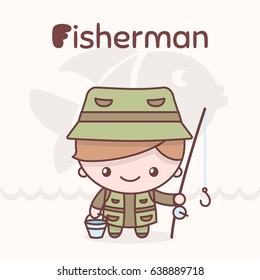 Cute chibi kawaii characters. Alphabet professions. Letter F - Fisherman. Flat style