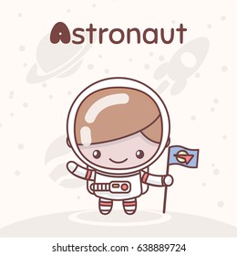 Cute chibi kawaii characters. Alphabet professions. Letter A - Astronaut. Flat style