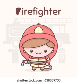 Cute chibi kawaii characters. Alphabet professions. Letter F - Firefighter. Flat style
