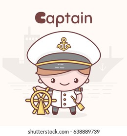 Cute chibi kawaii characters. Alphabet professions. Letter C - Captain. Flat style
