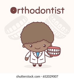 Cute chibi kawaii characters. Alphabet professions. The Letter O - Orthodontist. Flat cartoon style