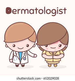Cute chibi kawaii characters. Alphabet professions. The Letter D - Dermatologist. Flat cartoon style