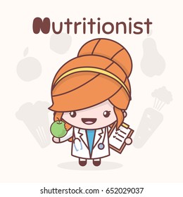 Cute chibi kawaii characters. Alphabet professions. The Letter N - Nutritionist. Flat cartoon style