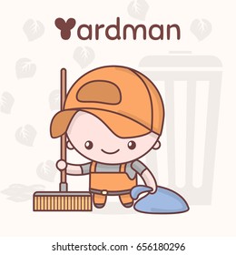 Cute chibi kawaii characters. Alphabet professions. The Letter Y - Yardman. Flat cartoon style