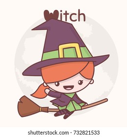 Cute chibi kawaii characters Halloween set. Witch on a broomstick in the background of the moon. Flat cartoon style