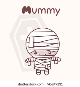 Cute chibi kawaii characters Halloween set. Merry mummy against the back of the coffin. Flat cartoon style