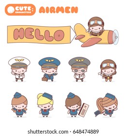 Cute chibi kawaii characters profession set: Airmen. Flat cartoon style