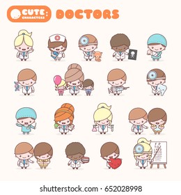 Cute chibi kawaii characters profession set: Doctors. Flat cartoon style