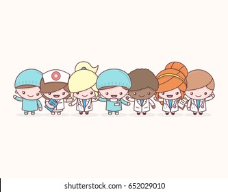 Cute chibi kawaii characters profession set. Hospital medical staff team doctors on warm background. Flat cartoon style