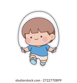 Cute chibi kid character jumping rope during sport day activity. Child friendly sticker illustration with active and playful movement, perfect for kids education materials, school projects, worksheets, apps, and fun visual communication.