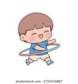 Lindo personaje chibi niño jugando hula hoop durante la actividad del día de deporte. Ilustración de pegatina amigable para niños con expresión alegre y movimiento dinámico, adecuada para materiales educativos para niños, proyectos escolares, hojas de trabajo, App y comunicación visual lúdica.