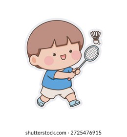 Personaje lindo del niño del chibi que juega el bádminton durante la actividad del día del deporte. Ilustración de pegatina amigable para niños con expresión alegre y movimiento activo, adecuada para materiales educativos para niños, proyectos escolares, hojas de trabajo, App y comunicación visual lúdica.