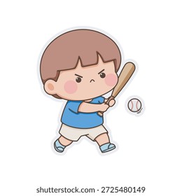 Personaje lindo del niño del chibi que juega béisbol durante la actividad del día del deporte. Ilustración de pegatina amigable para niños con expresión enfocada y movimiento de murciélago oscilante, adecuada para materiales educativos para niños, proyectos escolares, hojas de trabajo, App y comunicación visual lúdica.