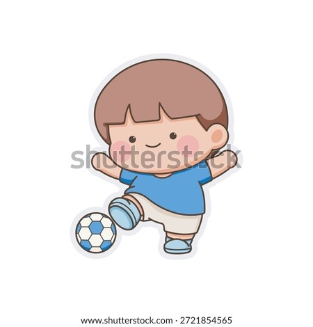 Cute chibi kid character playing soccer during sport day activity. Child friendly sticker illustration with playful pose, suitable for kids education materials, school projects, worksheets, apps, and fun visual communication.