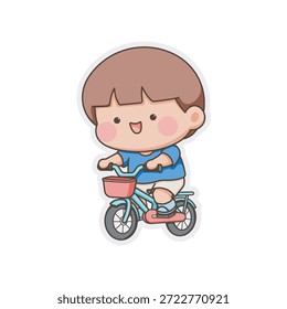 Personaje lindo del niño del chibi que monta una bicicleta durante la actividad del día del deporte. Ilustración de pegatina amigable para niños con expresión alegre y movimiento activo, adecuada para materiales educativos para niños, proyectos escolares, hojas de trabajo, App y comunicación visual divertida.