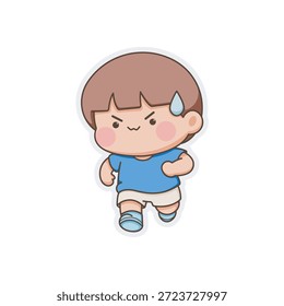 Personagem infantil chibi bonito correndo durante a atividade do dia do esporte com expressão energética. Ilustração de adesivo amigável para crianças mostrando movimento e determinação, adequado para materiais de educação infantil, projetos escolares, planilhas, aplicativos e comunicação visual divertida.