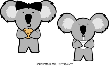 cute chibi koala cartoon eating set illustration in vector format