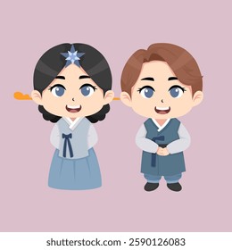 Cute chibi Korean couple hanbok