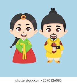 Cute chibi Korean couple hanbok