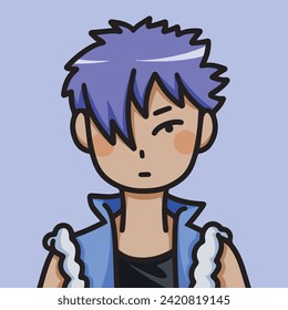 Cute chibi korean japanese simple character styled vector illustration avatar isolated on square background template. Biker gang teenager young male with tan skin, sleeveless clothing, and purple hair