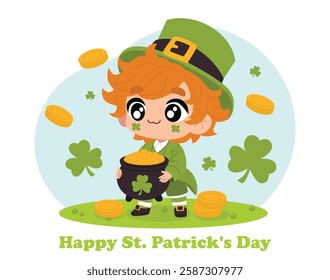 Cute chibi leprechaun holding a pot of gold, surrounded by shamrocks and coins. Adorable St. Patrick’s Day illustration, perfect for holiday cards, decorations, stickers, and festive designs.