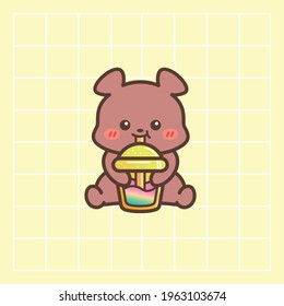 cute chibi litte bear drink milk tea simple cartoon vector illustration