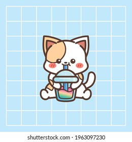 cute chibi little cat drink milk tea simple cartoon vector illustration