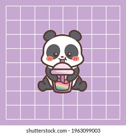 cute chibi little panda drink milk tea simple cartoon vector illustration