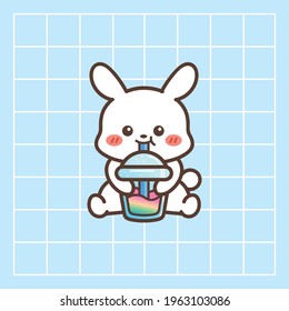 cute chibi little rabit drink milk tea simple cartoon vector illustration