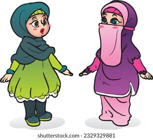 Cute Chibi Muslim Girl Mascot Cartoon Islamic Eid Fitr Adha Illustration