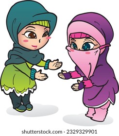 Cute Chibi Muslim Girl Mascot Cartoon Islamic Eid Fitr Adha Illustration