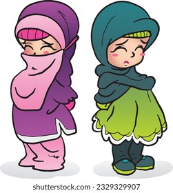 Cute Chibi Muslim Girl Mascot Cartoon Islamic Eid Fitr Adha Illustration