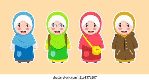 cute chibi muslimah cartoon collection set