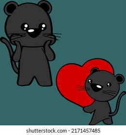 cute chibi panther cartoon surprised expression and holding red heart pack in vector format