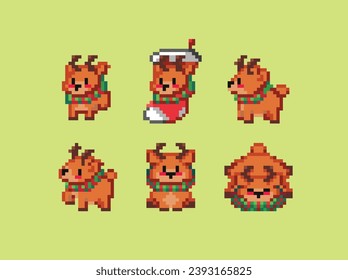 Cute chibi pixel art set of Christmas reindeer with many gestures, vector illustration isolated on green background.