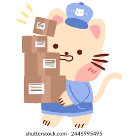 cute chibi postman cat grab many box of package, hand drawn illustration