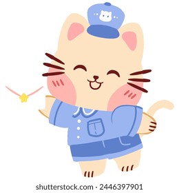 cute chibi postman cat happy to deliver the letter, hand drawn illustration