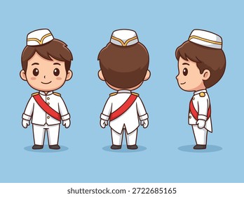 Ein süßer Chibi Prinz Charakter, der von der Vorderseite, Rückseite und Seitenansicht gezeigt wird. Er trägt eine weiße Uniform mit einer roten Schärpe und einer weißen Mütze.