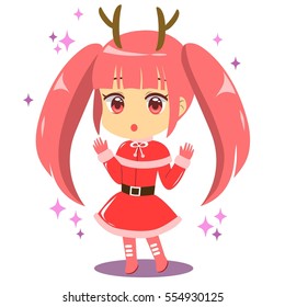 Cute Chibi Santa Girl With Reindeer Horn Celebrate Christmas