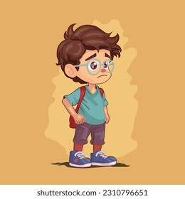 A Cute Chibi Schoolboy with Schoolbag - A Vector Illustration with a Grunge Background