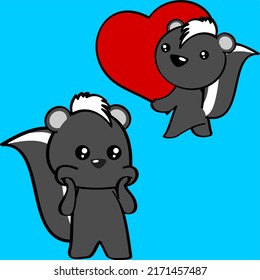 cute chibi skunk cartoon surprised expression and holding red heart pack in vector format