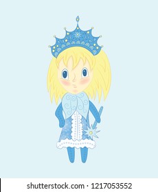 Cute chibi Snow Maiden in a blue dress. Christmas illustration of funny little girl with blond hair.