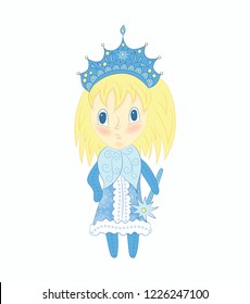 Cute chibi Snow Maiden in a blue dress. Christmas illustration of funny little girl with blond hair.