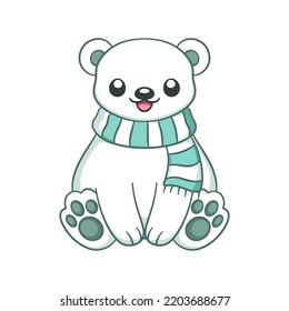 Cute chibi snow polar bear wearing a scarf animal cartoon illustration. Winter wildlife Christmas theme clip art.