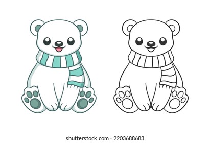 Cute chibi snow polar bear wearing a scarf outline and colored doodle cartoon illustration set. Winter Christmas theme coloring book page activity for kids and adults.