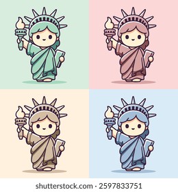 Cute chibi Statue of Liberty holding a torch and a book, designed in pastel colors. A charming and minimalistic kawaii representation of the iconic American symbol.