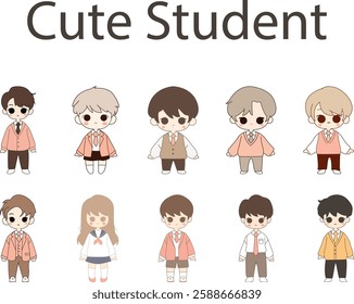 Cute Chibi Student Character Set