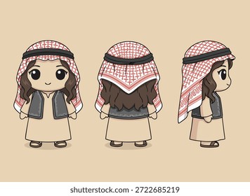 Personagem elegante estilo chibi de um menino árabe vestindo roupas tradicionais e keffiyeh, mostrado de frente, lado e vistas de trás.