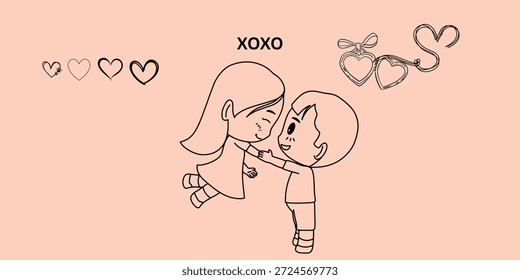 Estilo chibi bonito casal abraçando com texto XOXO e coração esboço ícones