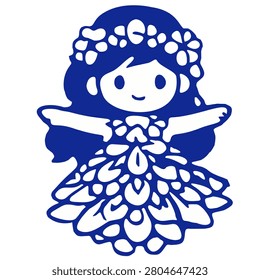 Cute chibi style Diwali flower fairy girl with floral wreath holding offering plate in navy blue line art vector illustration for Hindu festival celebration